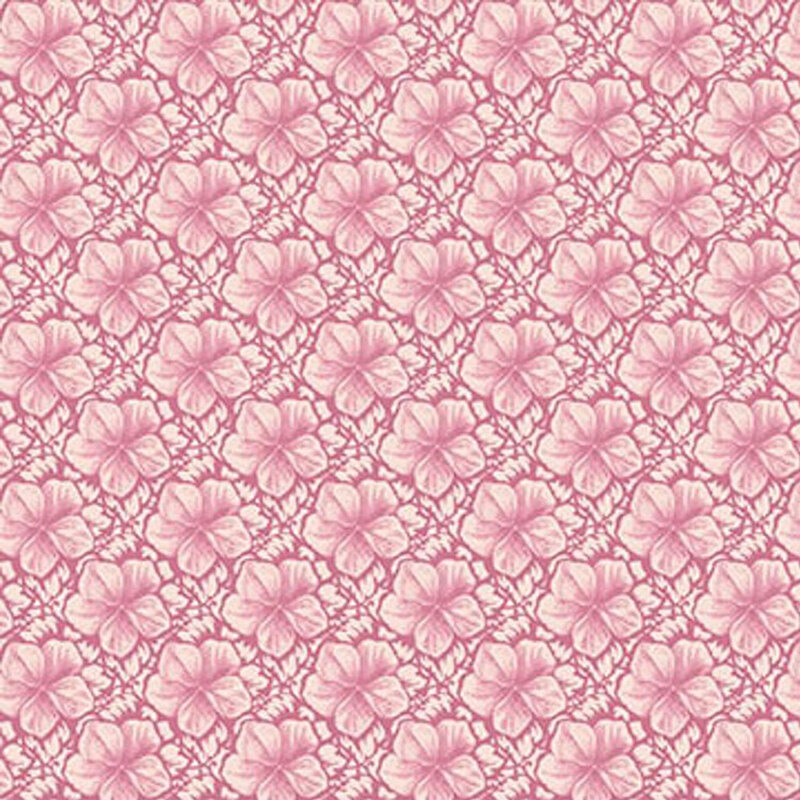 Pink fabric with neat rows of hibiscus flowers.