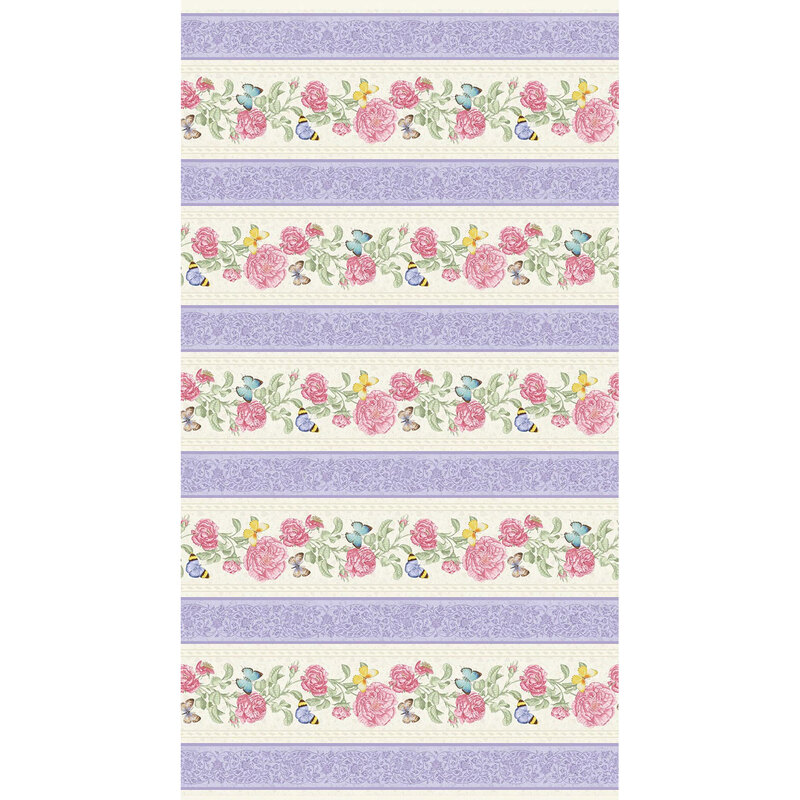 Cream and purple border stripe fabric with rows of butterflies and spring florals.