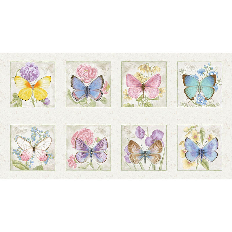 A cream panel with 8 tiles of spread butterflies on a floral background.