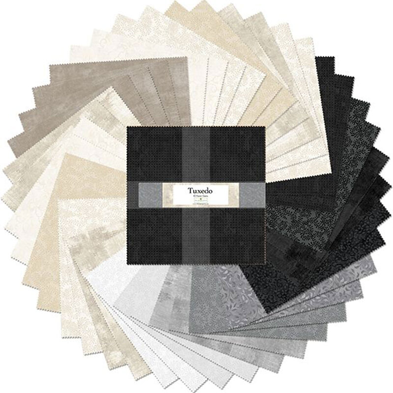 A circular arrangement of fabric swatches in various shades of gray, black, and white, labeled Tuxedo.