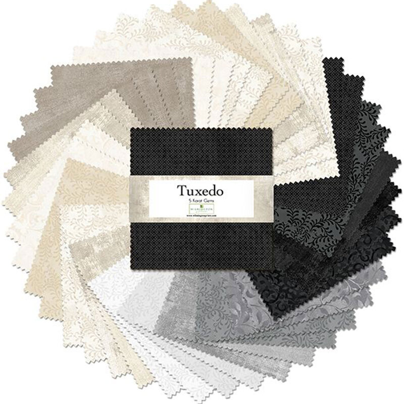 A circular arrangement of fabric swatches in various shades of black, white, and beige labeled Tuxedo.