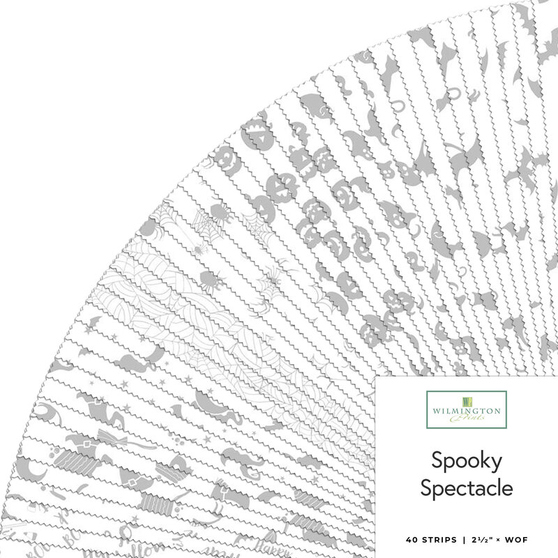 A fan of fabric strips in gray shades featuring Halloween-themed patterns, titled Spooky Spectacle.