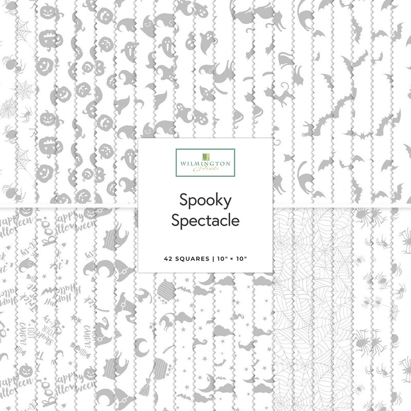 A quilt pattern featuring 42 squares with Halloween-themed designs in gray, labeled Spooky Spectacle.