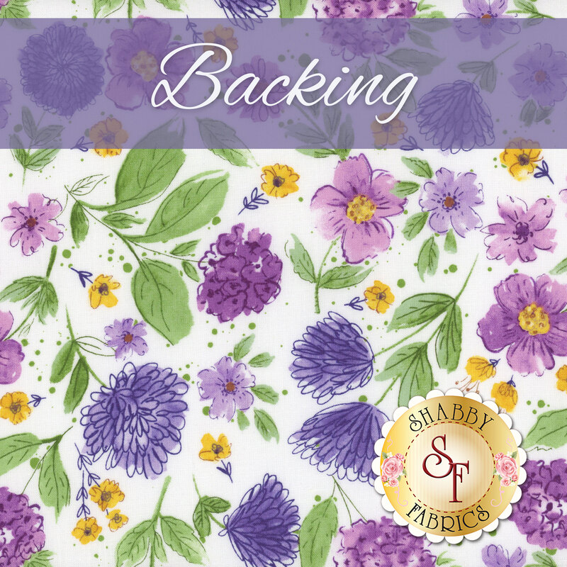 A swatch of white fabric with hand-drawn purple florals. A dark purple banner at the top reads 