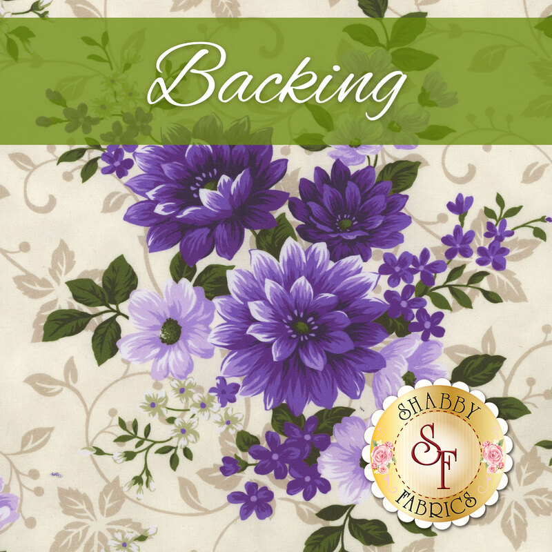 A swatch of cream fabric with tonal swirls, showcasing large and bold purple florals with dark green leaves. A green banner at the top reads 