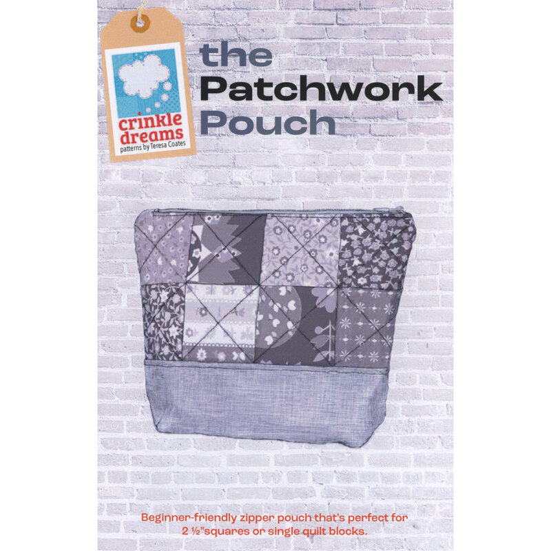 The front of the Patchwork Pouch pattern with an image of a patterned zipper pouch, designed for quilting.