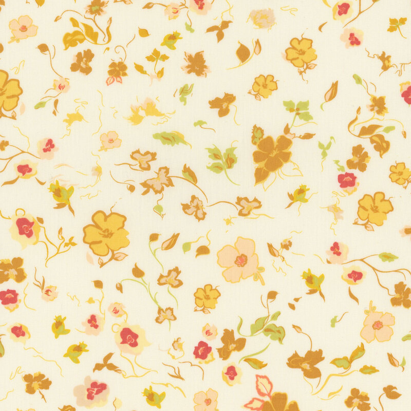 Cream fabric with sprawling pink and yellow florals.