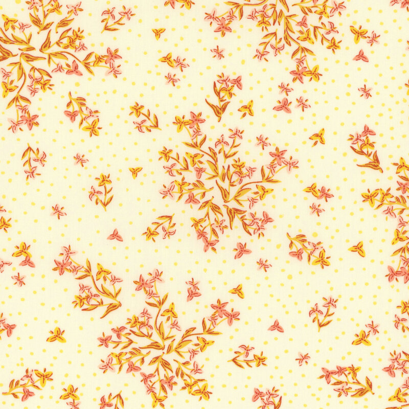 Pastel yellow fabric with sprawling pink and yellow florals on a pinprick dotted background.