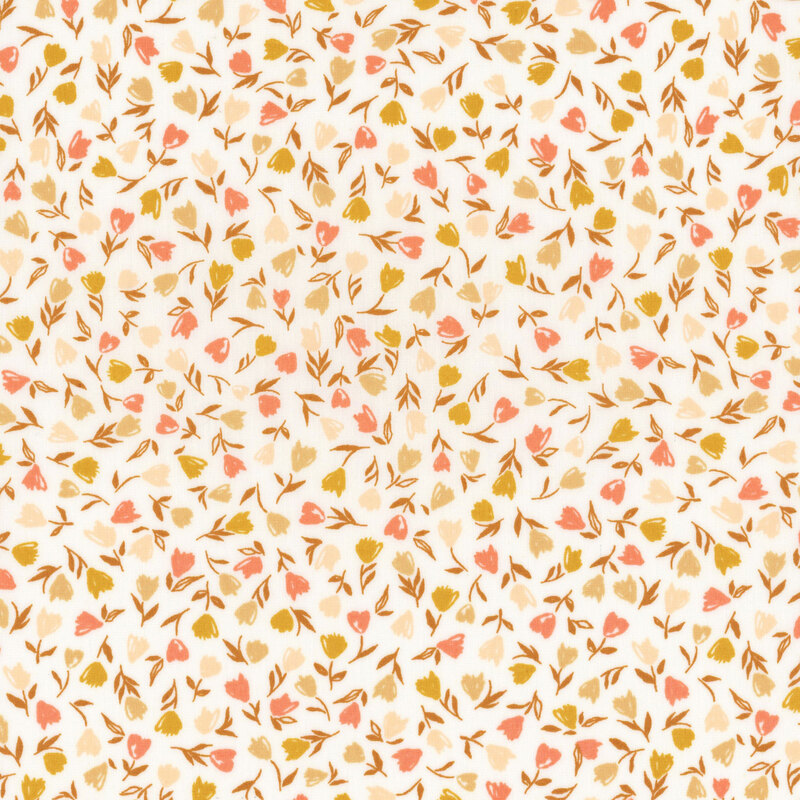 Cream fabric with packed pink and yellow florals.