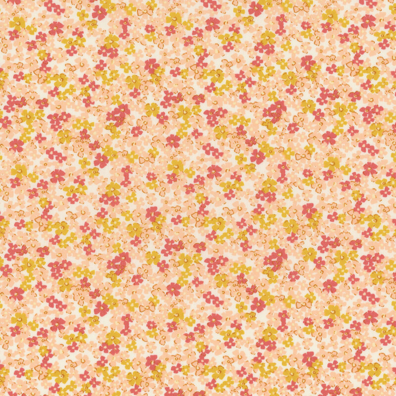 Cream fabric with a packed design of pink and yellow blossoms.