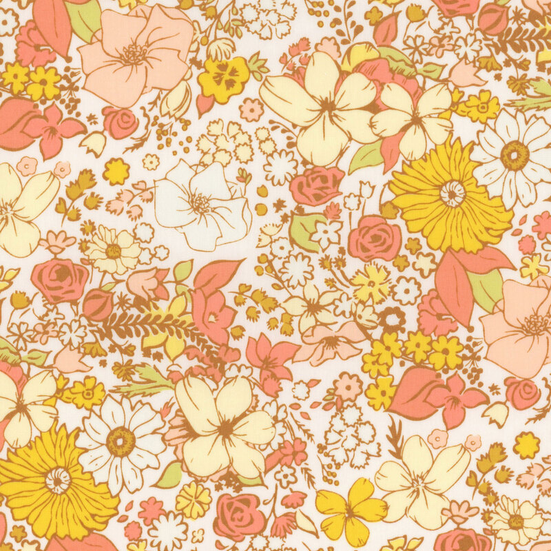 Cream fabric with various pink and yellow flowers.