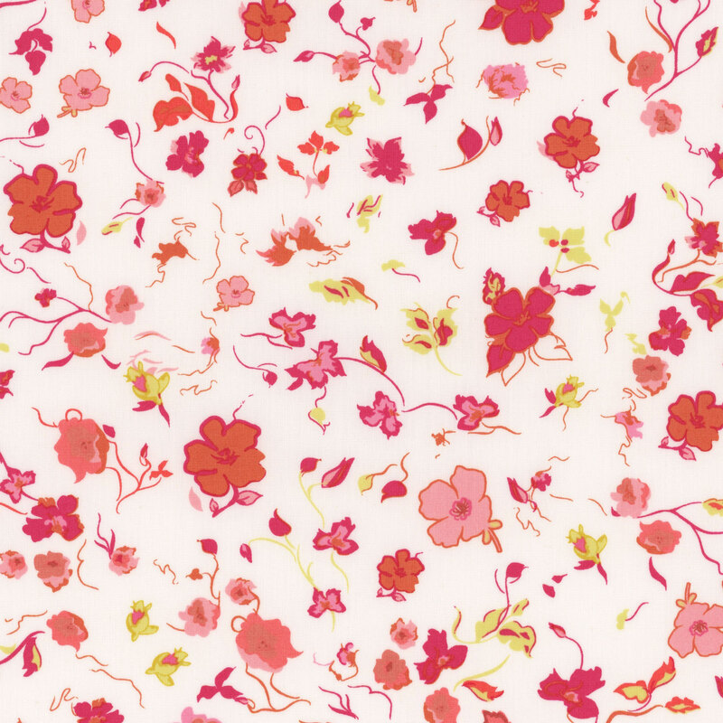 Cream fabric with sprawling pink and red florals.