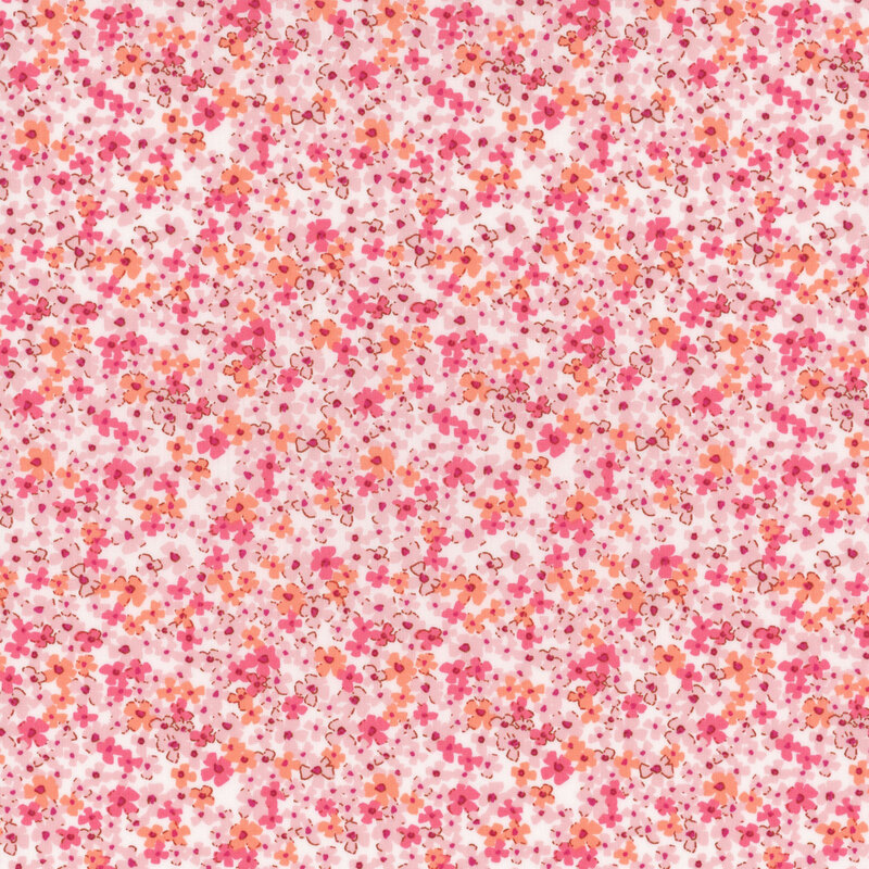 Cream fabric with a packed design of pink blossoms.