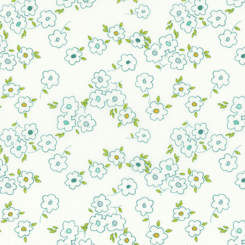 Cream fabric with outlined blue flowers.