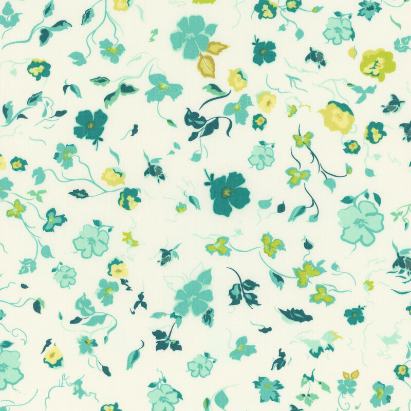 Cream fabric with sprawling green and blue florals.