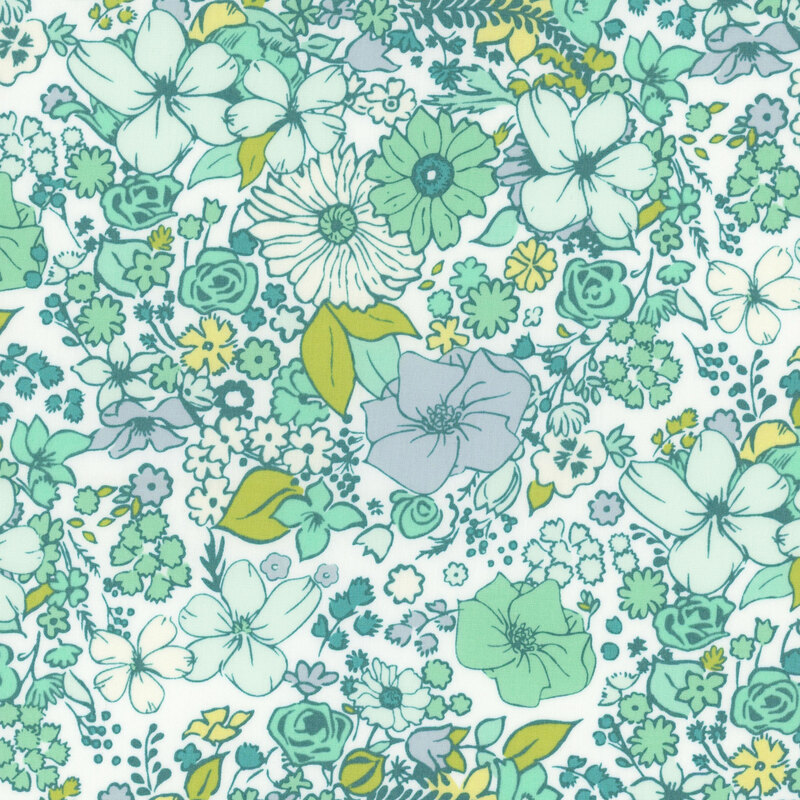 Cream fabric with various blue and teal flowers.