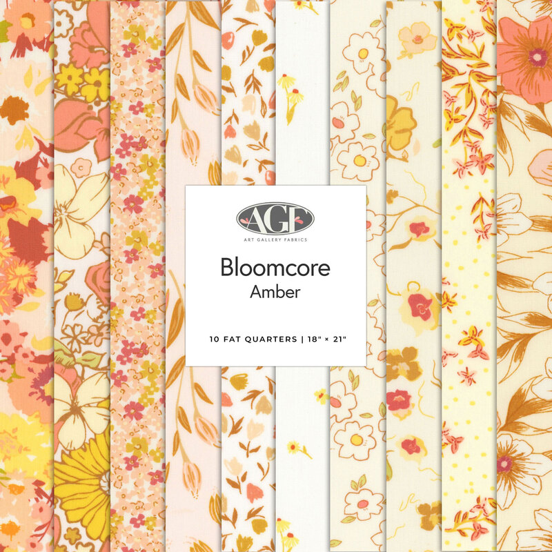 A collage of Amber fabrics included in the Bloomcore Amber FQ Set.