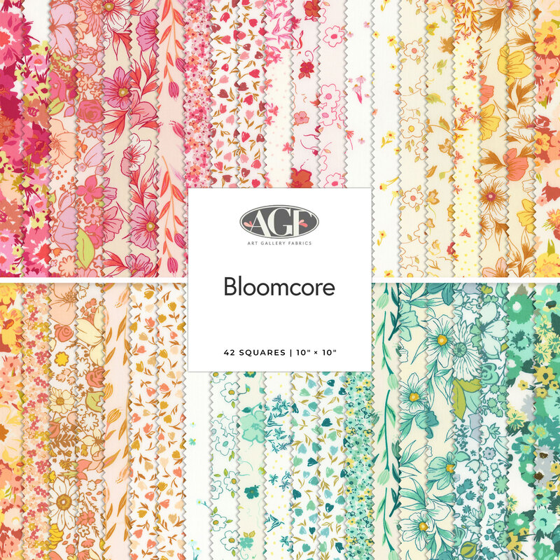 A stacked collage of fabrics included in the Bloomcore 10