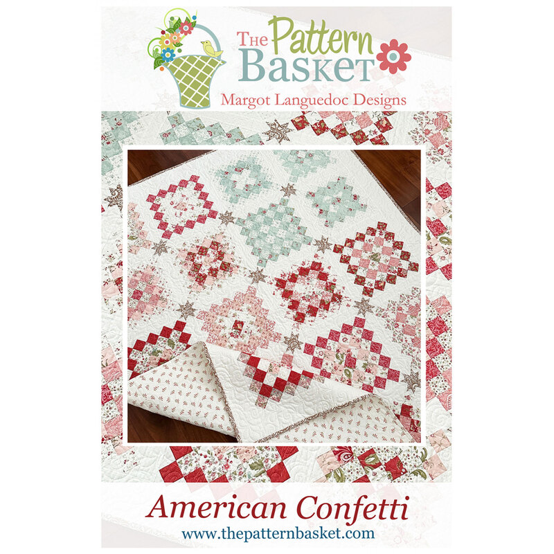 Colorful quilt design featuring red, white, and aqua squares with a floral border, titled American Confetti.