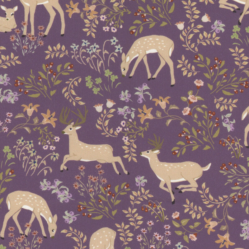 fabric pattern of deer surrounded by florals on a purple background