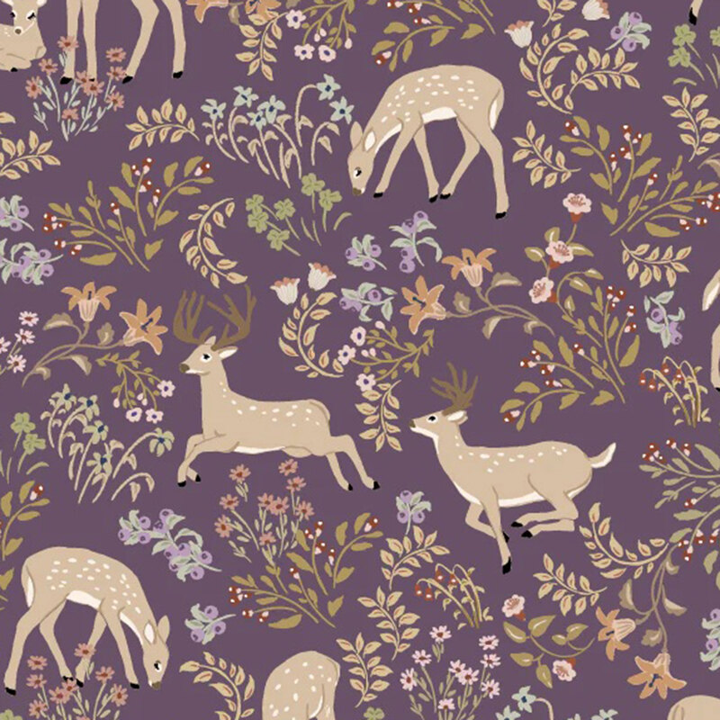 fabric pattern of deer surrounded by florals on a purple background