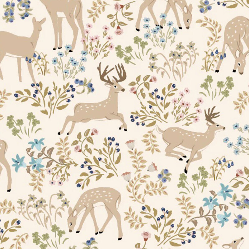 fabric pattern of deer surrounded by florals on a white background