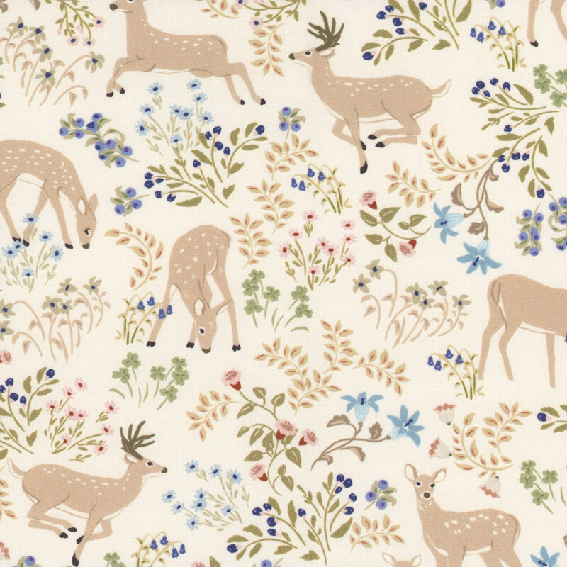 fabric pattern of deer surrounded by florals on a white background
