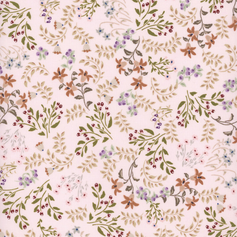 fabric pattern of orange and purple florals, leaves, and blue berries all over a pastel mauve background