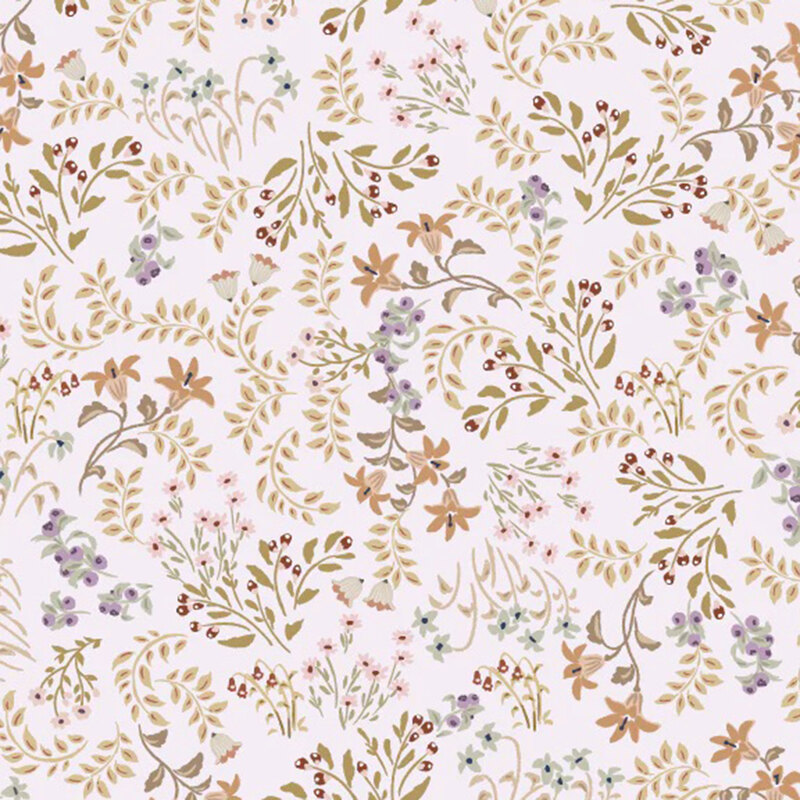 fabric pattern of yellow and orange florals, leaves, and blue berries all over a white background