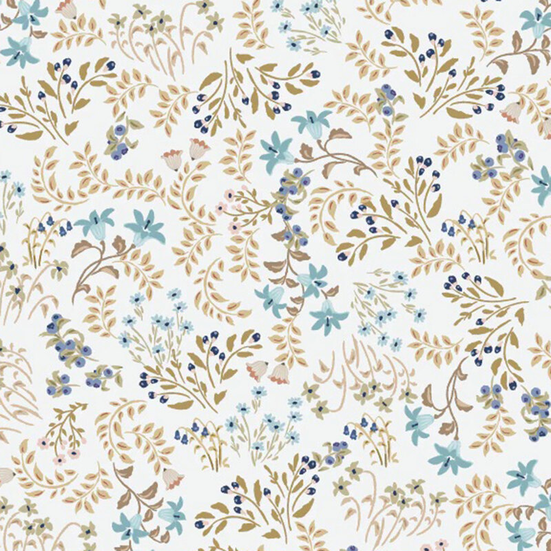 fabric pattern of yellow and blue florals, leaves, and blue berries all over a white background