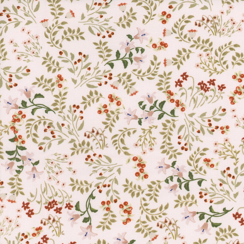 fabric pattern of green and red florals, leaves, and red berries all over a white background