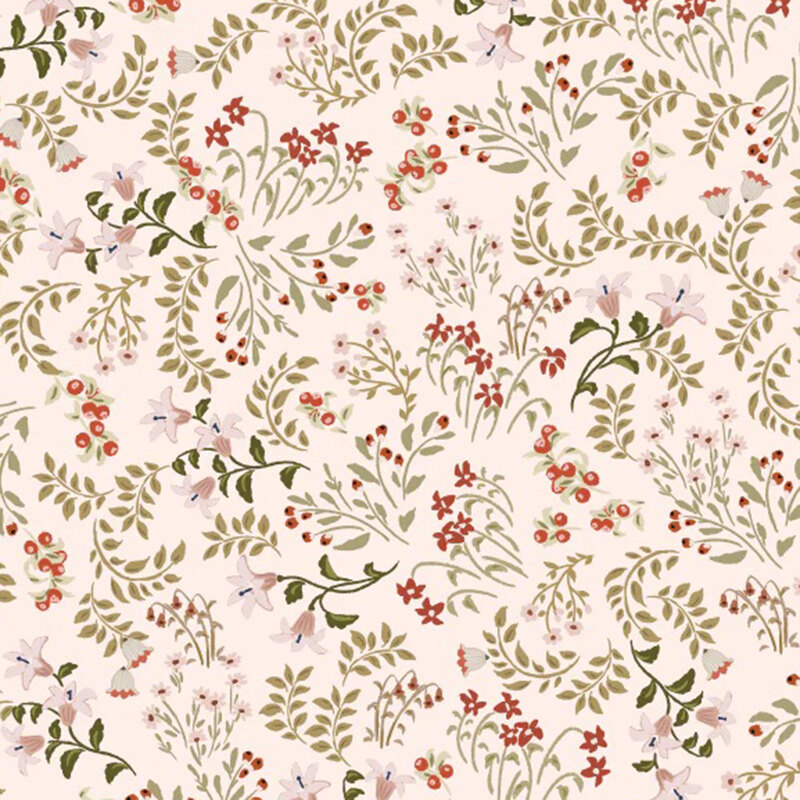 fabric pattern of green and red florals, leaves, and red berries all over a white background