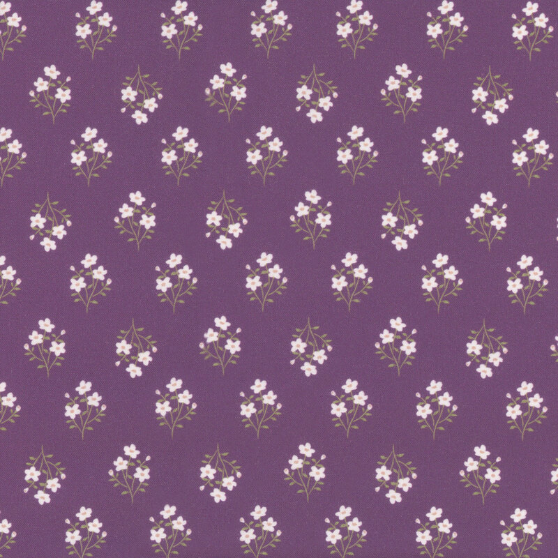 fabric pattern of a white flower bouquet over a purple background
