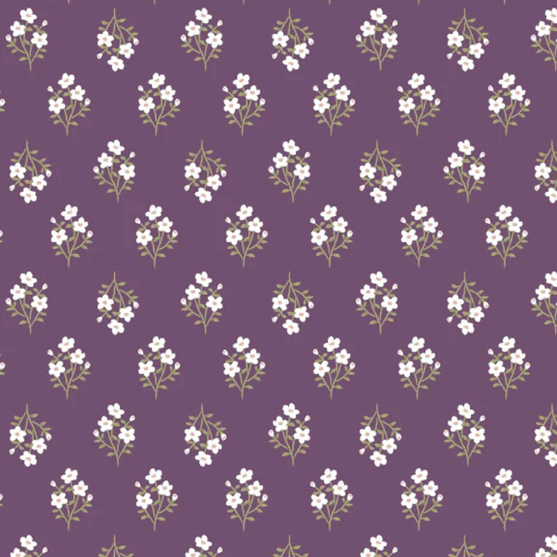 fabric pattern of a white flower bouquet over a purple background