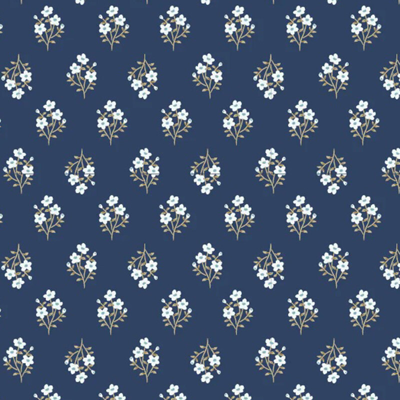 fabric pattern of a white flower bouquet over a blue background