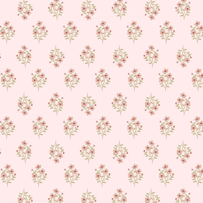 fabric pattern of a soft pink flower bouquet over a pale pink background