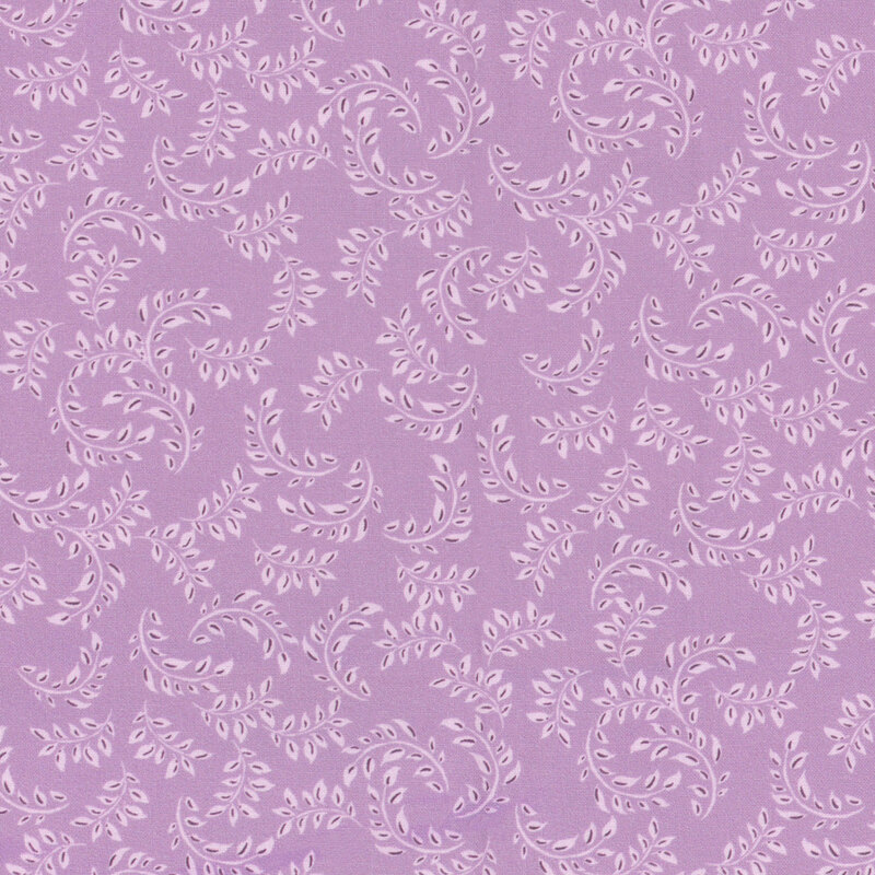 A repeating pattern of delicate light leaves on a soft lavender background.