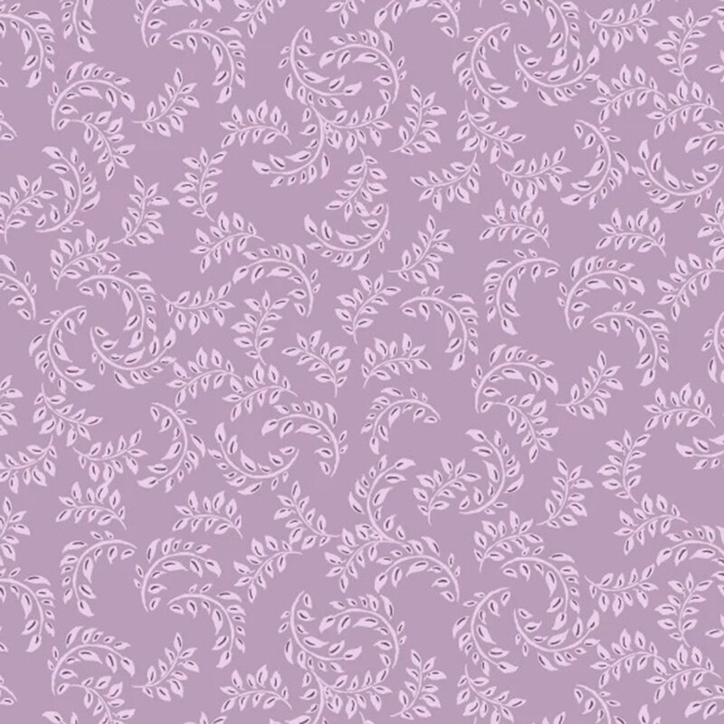 A repeating pattern of delicate light leaves on a soft lavender background.