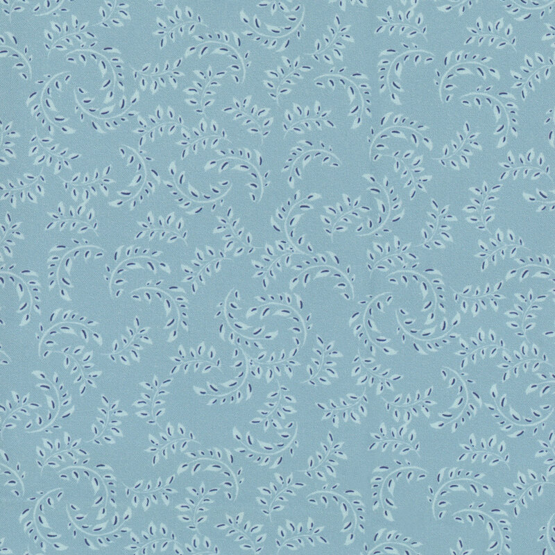 Light blue background featuring a swirling pattern of white leaves and floral motifs.