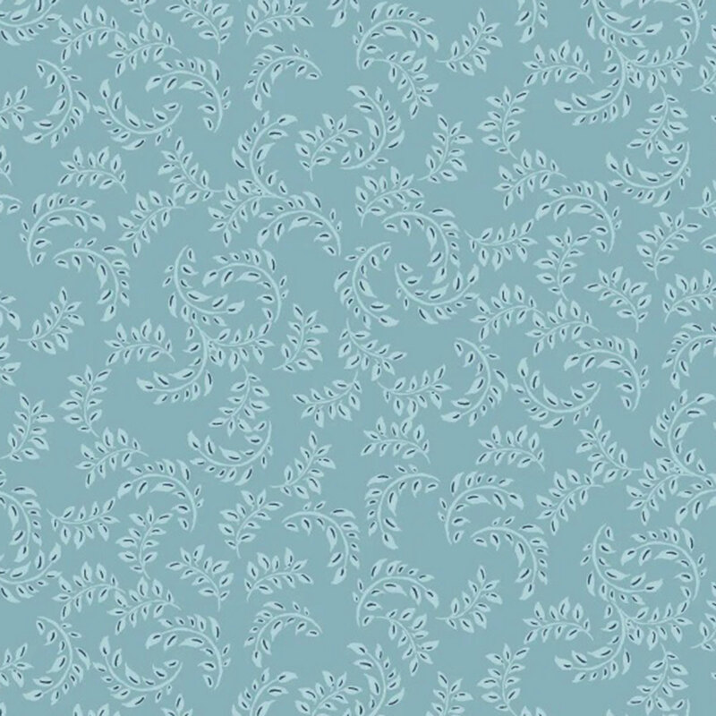 Light blue background featuring a swirling pattern of white leaves and floral motifs.