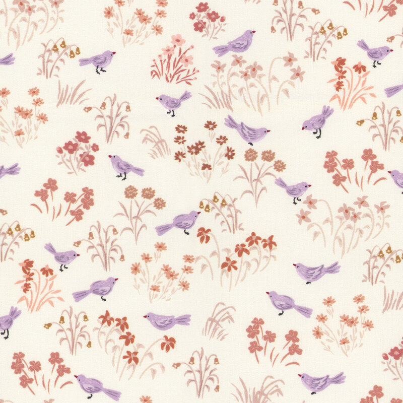 fabric pattern of purple birds with florals surrounding it on a white background 