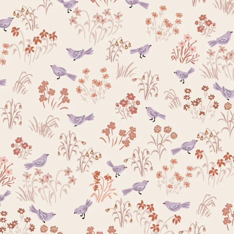 fabric pattern of purple birds with florals surrounding it on a white background 