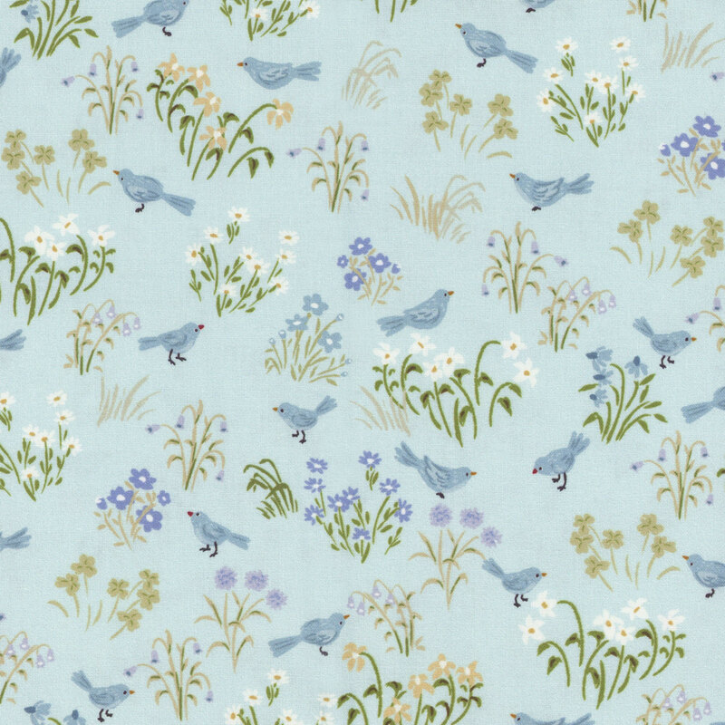 fabric pattern of blue birds with florals surrounding it on a blue background 
