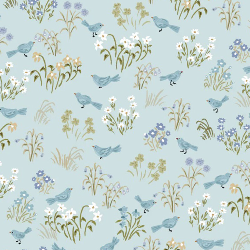 fabric pattern of blue birds with florals surrounding it on a blue background 