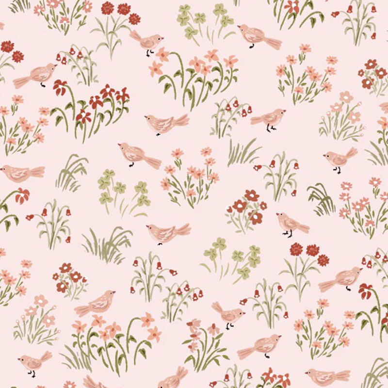 fabric pattern of pink birds with florals surrounding it on a soft pink background 