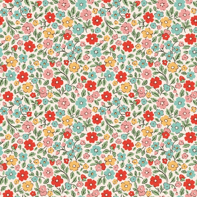 Colorful floral pattern featuring various blossoms and green leaves on a light background.