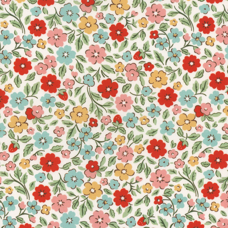 Colorful floral pattern featuring various blossoms and green leaves on a light background.