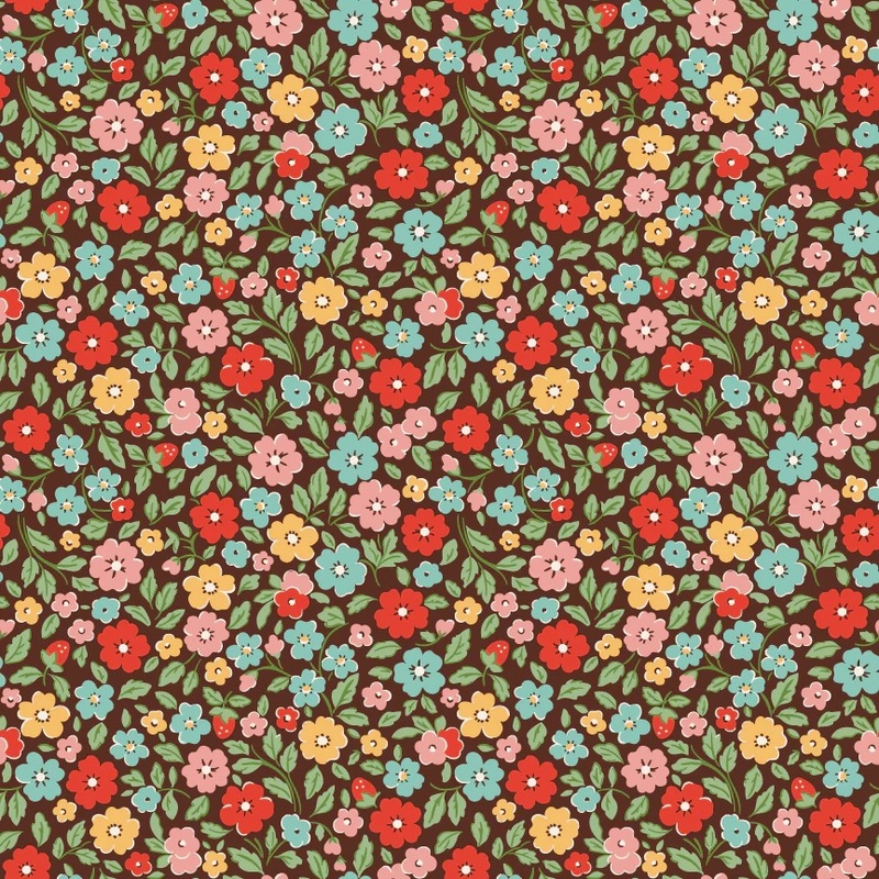 Colorful floral pattern featuring various blossoms and green leaves on a dark brown background.