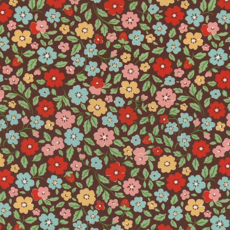 Colorful floral pattern featuring various blossoms and green leaves on a dark brown background.