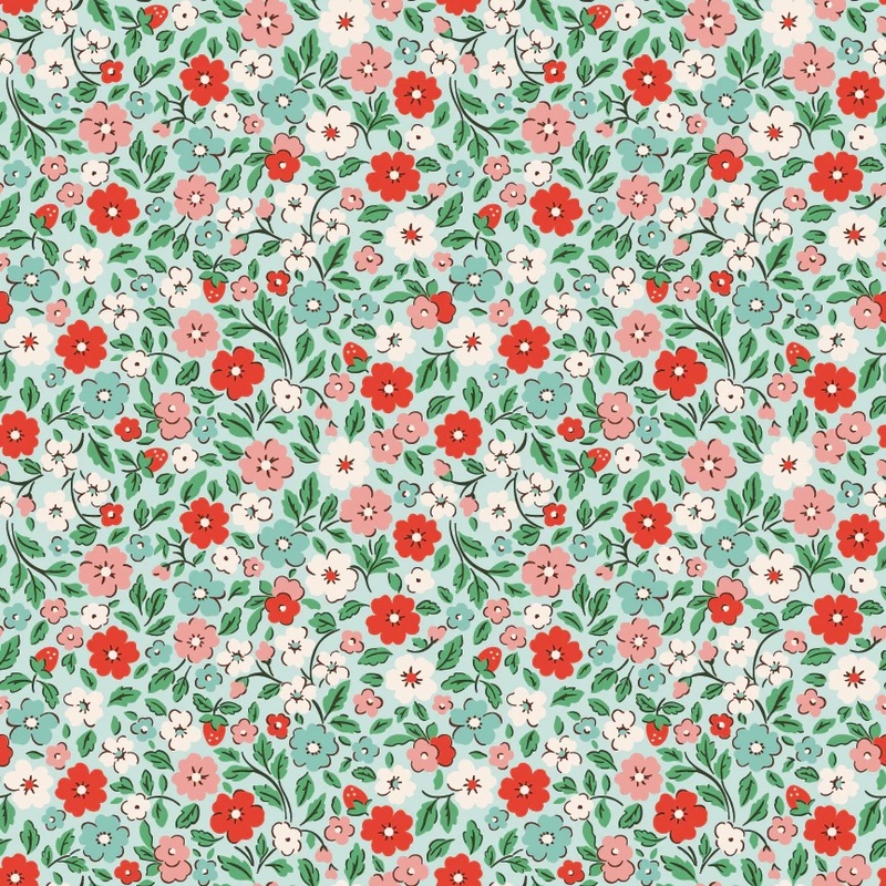 Colorful floral pattern featuring various blossoms and green leaves on a light aqua background.